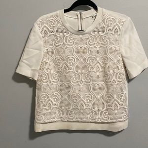 A.L.C. A.L.C Lace Embroidered Overlay Silk Short Sleeve Top
